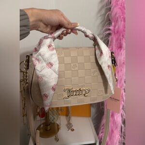 Juicy Couture Beige Checkered hand Bag with Pink Strawberry Scarf NWT